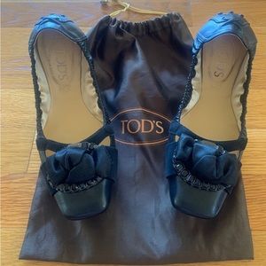 Tod’s Women Ladies Black Leather Buckle Bow Beads Front Ballet Flats Shoes Sz 37